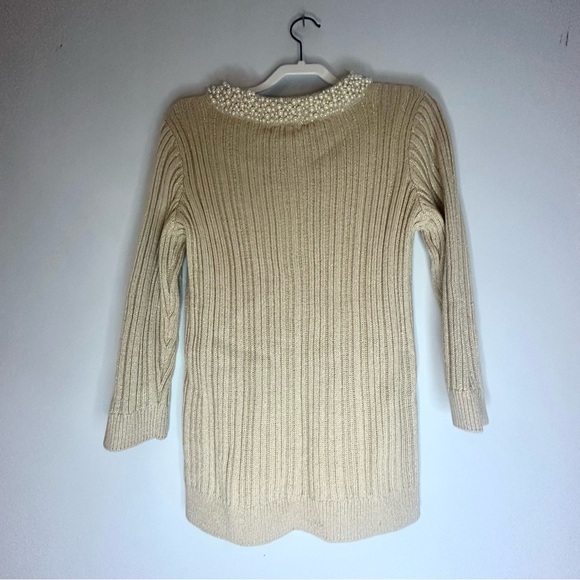 Karl Lagerfeld Paris Beige Shimmer Cable Knit Sweater with Faux Pearls Size M - Picture 3 of 12